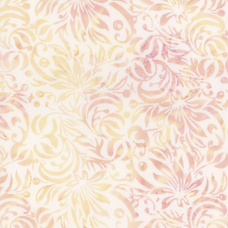 White batik with a mottled peach and yellow lotus design.