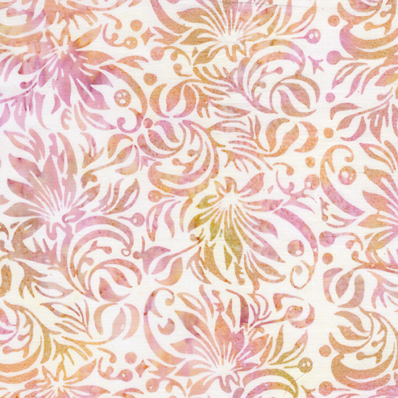 White batik with a mottled pink, gold, and orange lotus design.