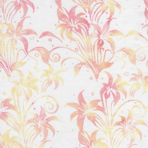 White batik with a mottled pink and yellow lily design.