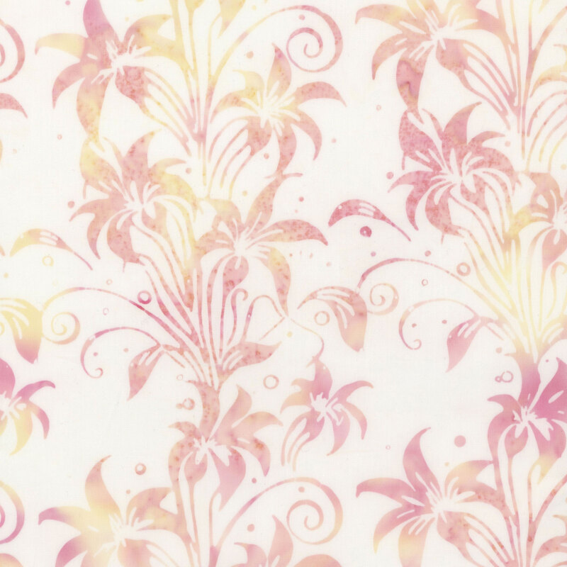 White batik with a mottled pink and yellow lily design.