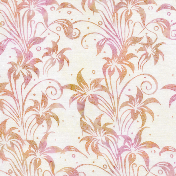 White batik with a mottled pink and orange lily design.