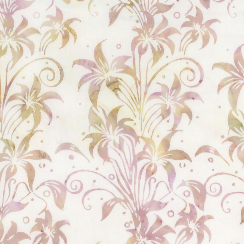 White batik with a mottled pink and orange lily design.