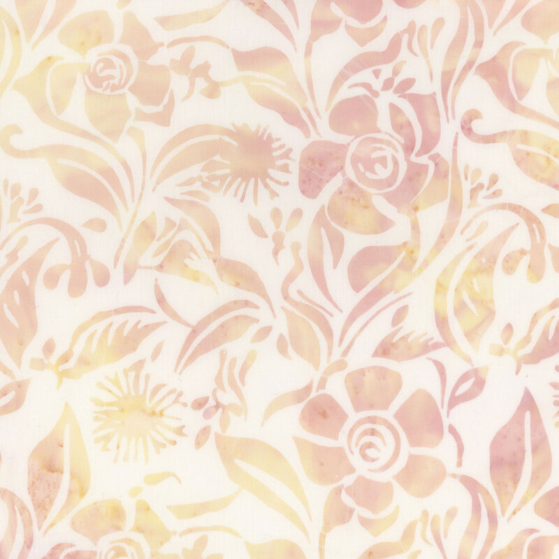 White batik with a mottled peach and yellow floral design.
