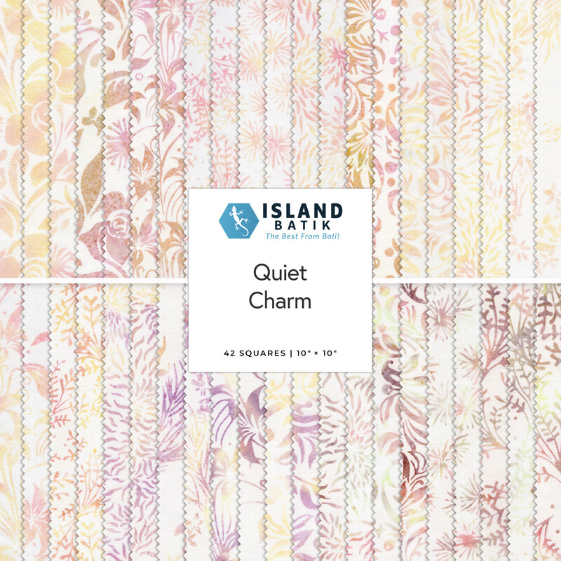 Stacked collage of the neutral fabrics with light pink, purple, and yellow designs featured in the Quiet Charm 10