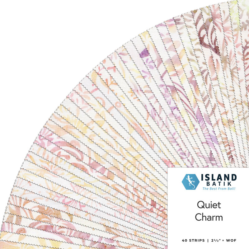 Fanned out collage of the neutral fabrics with light pink, purple, and yellow designs featured in the Quiet Charm strip pack.