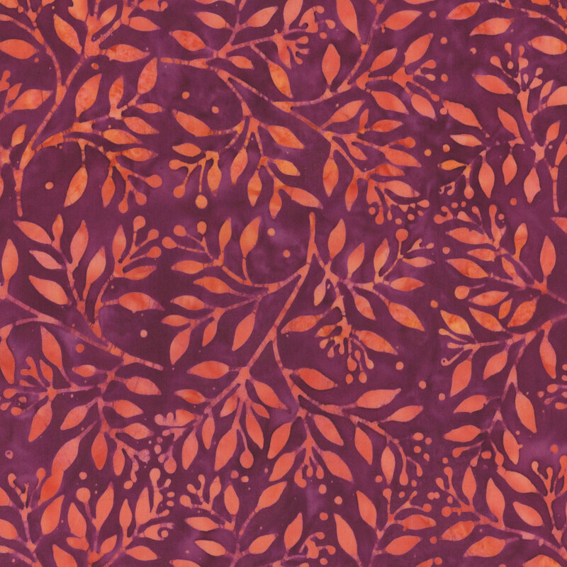 A dark maroon background featuring intricate, stylized orange branches and leaves.