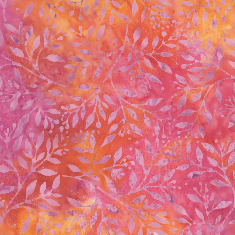 Bright coral background with overlapping pink and orange floral patterns and leaves.