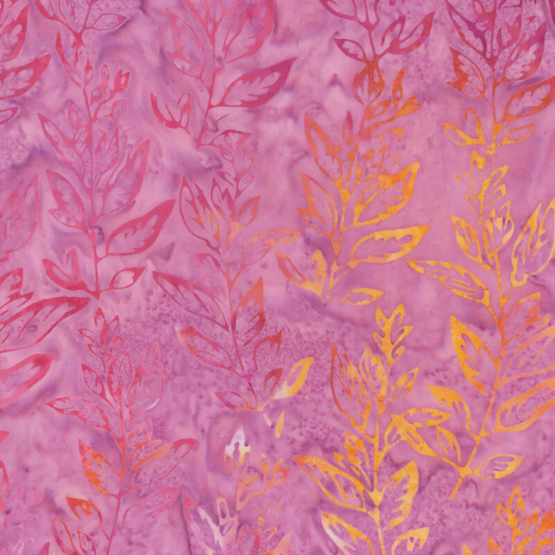 Pink fabric pattern featuring various leaf shapes in darker pink and orange hues.