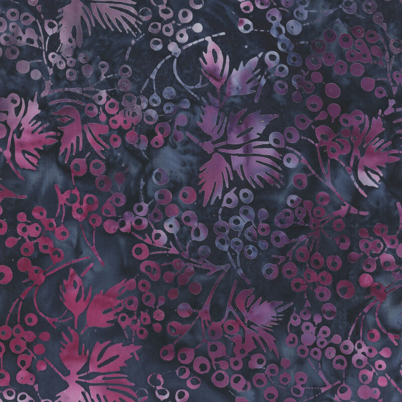 Abstract floral pattern featuring dark shades of purple and blue with hints of pink and white.