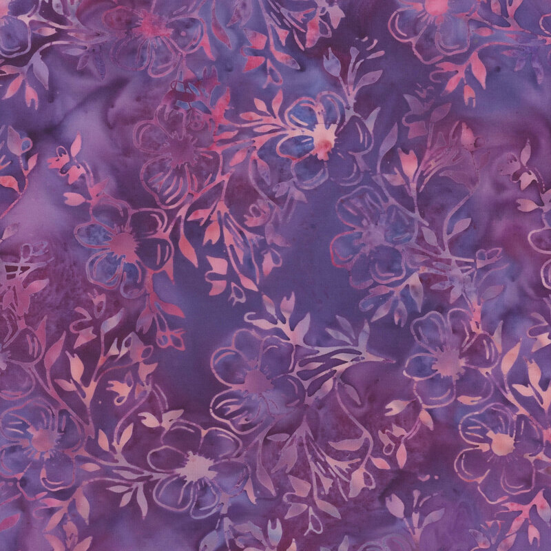 A textured pattern of pink and purple floral designs on a dark, mottled background.
