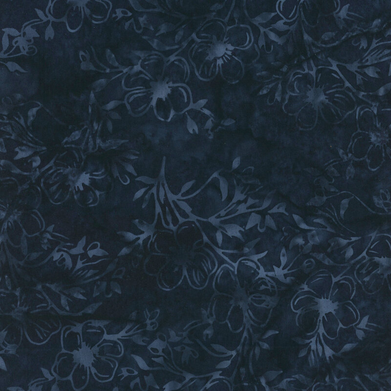 Dark blue floral fabric with a subtle pattern of flowers and leaves.