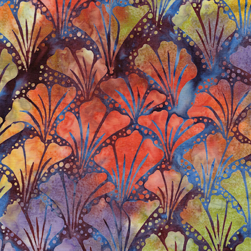 Mottled purple fabric with multicolor flower petals, all on a slightly dotted background.
