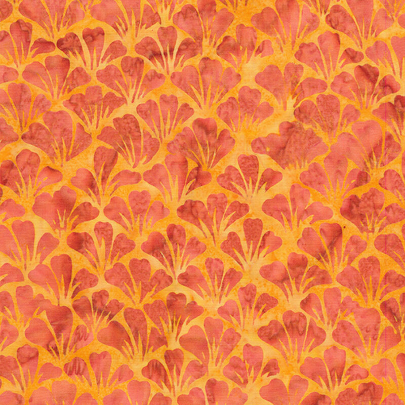 Mottled orange batik fabric with overlapping rows of fanned out red flower petals.