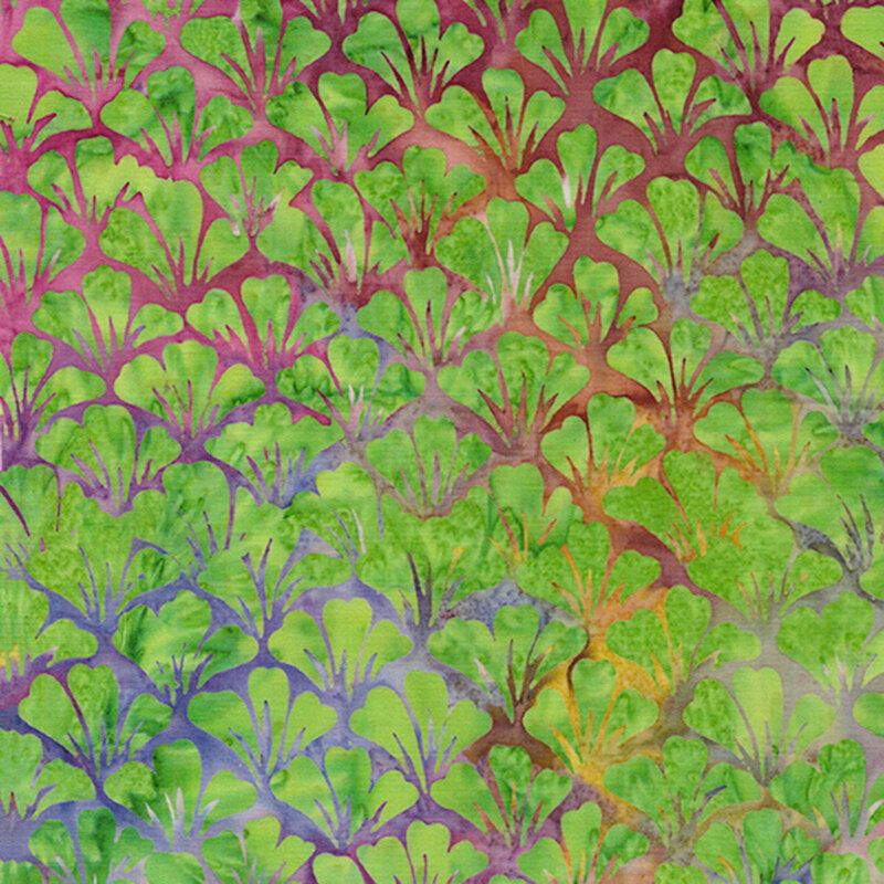Mottled multicolor batik fabric with overlapping rows of fanned out green flower petals.