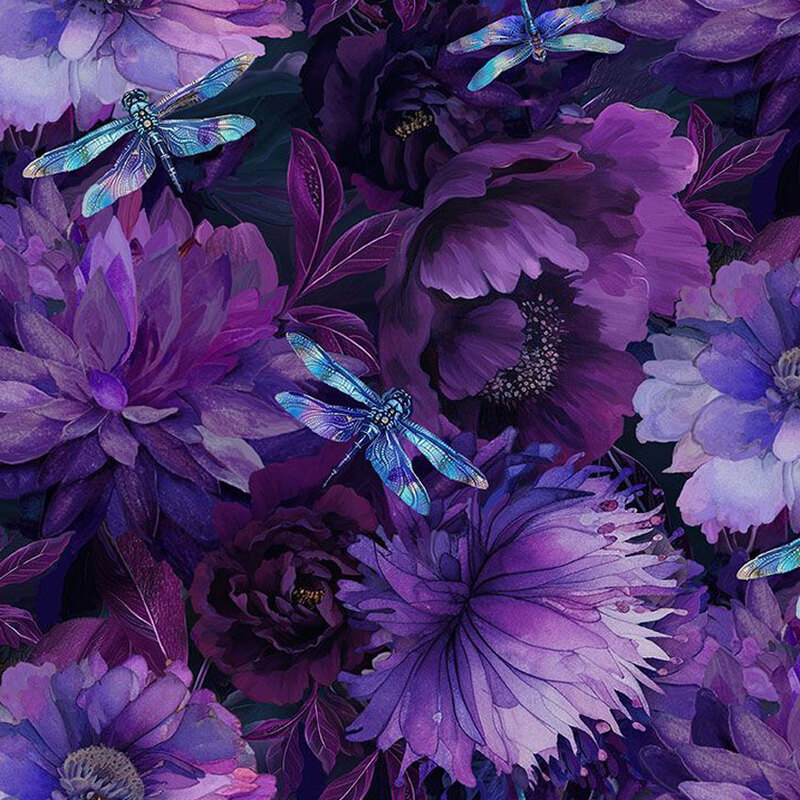 Fabric covered in large purple flowers with blue dragonflies