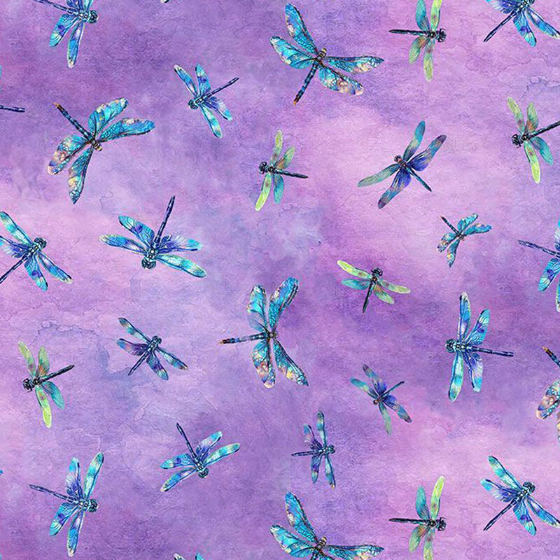 Fabric featuring colorful dragonflies on a purple watercolor background.