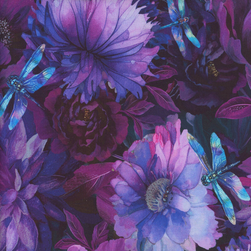 108" wide fabric covered in large purple flowers with blue dragonflies