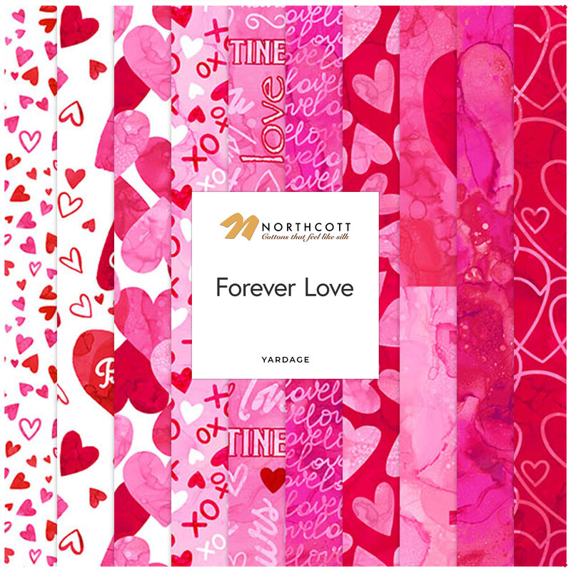 Digital collage of fabrics included in the Forever Love collection with red, pink and white fabrics with a Valentine's Day theme.