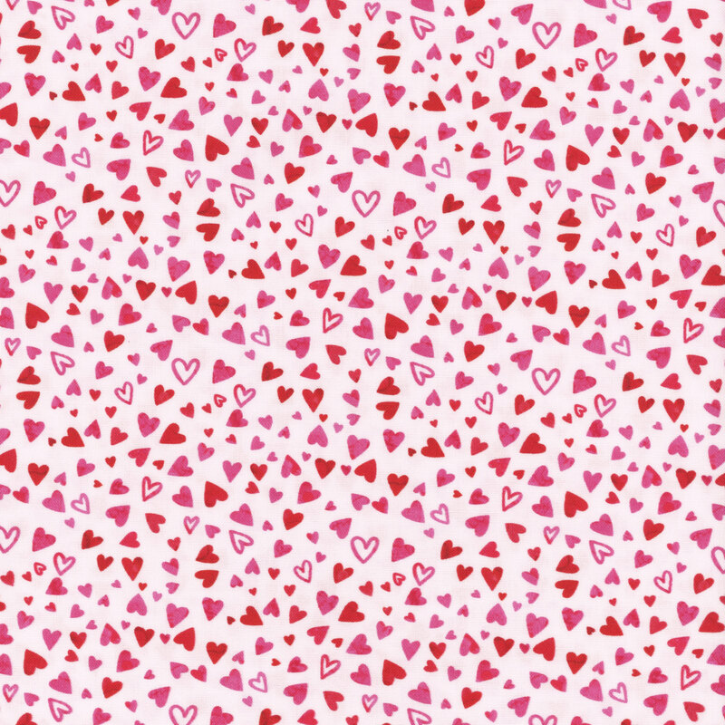 Scattered red hearts, pink hearts and outlined red hearts against a white background from the Forever Love collection.