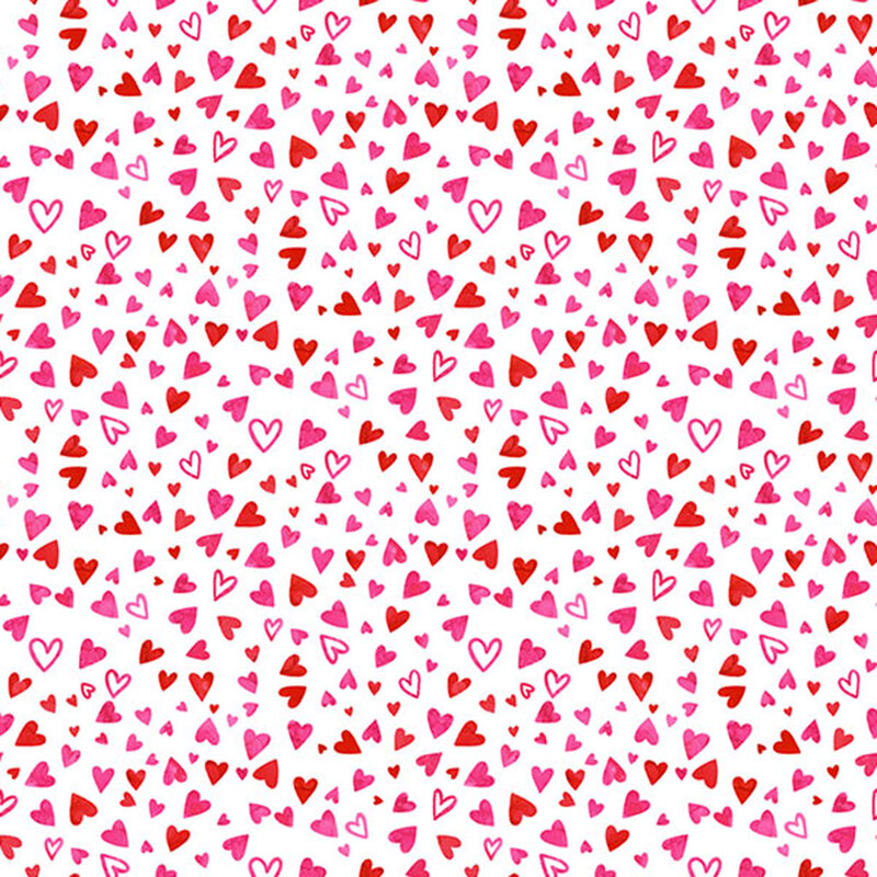 Scattered red hearts, pink hearts and outlined red hearts against a white background from the Forever Love collection.