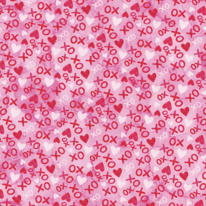 Vibrant red and white hearts, red and white X's and O's against a soft pink backround in a Valentine's Day theme from the Forever Love collection.