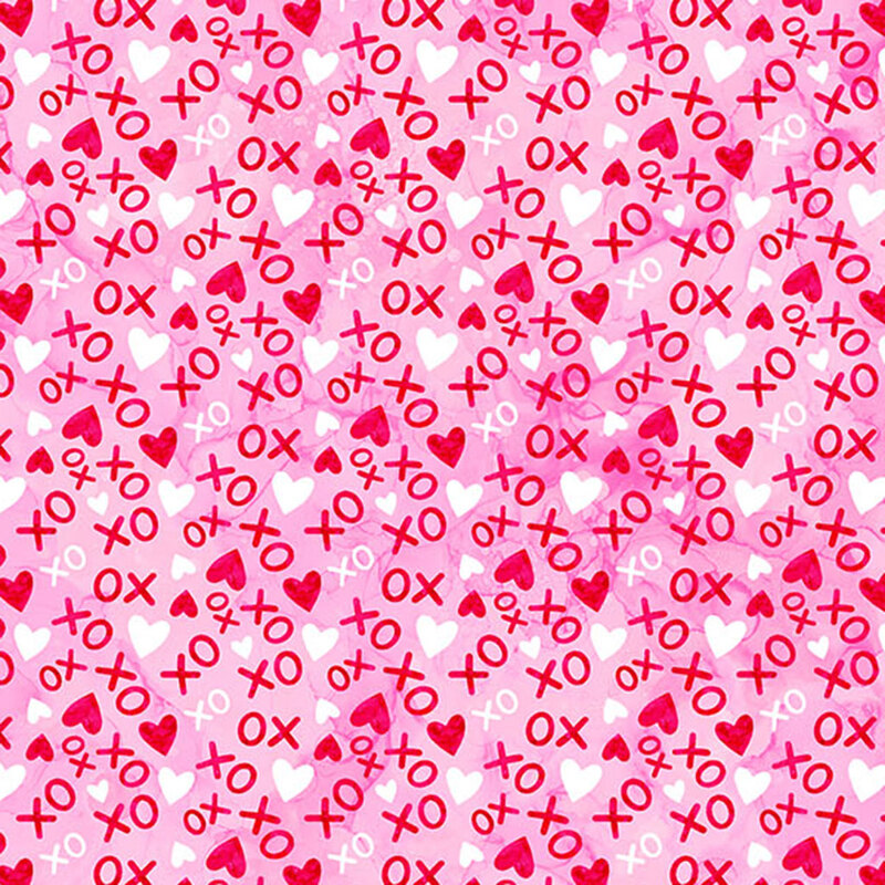 Vibrant red and white hearts, red and white X's and O's against a soft pink backround in a Valentine's Day theme from the Forever Love collection.