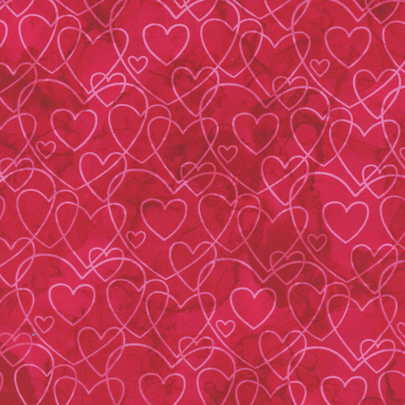Thin pink line hearts scattered and overlapping against a vibrant red marbled background from the Forever Love collection.