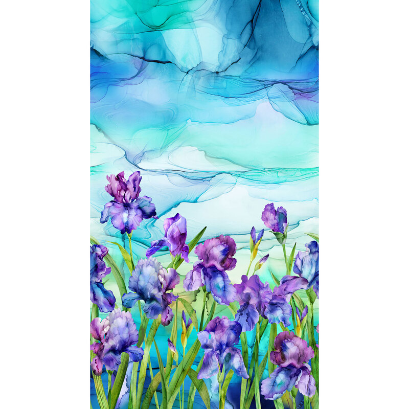 Watercolor floral field motif with purple iris flowers, green flower stems and bright blue skies.
