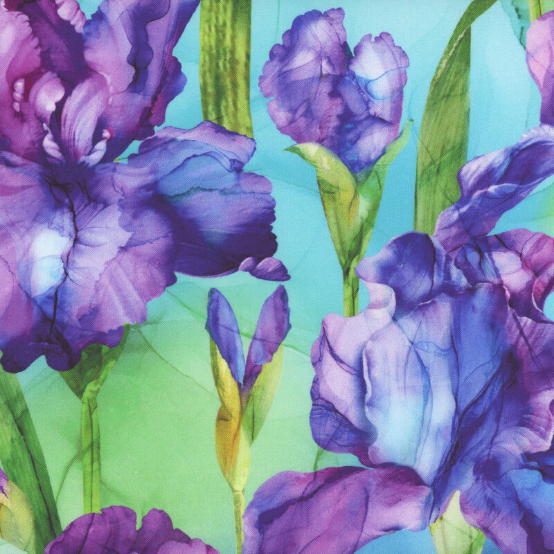 Purple iris flowers with green stems on a teal watercolor fabric.