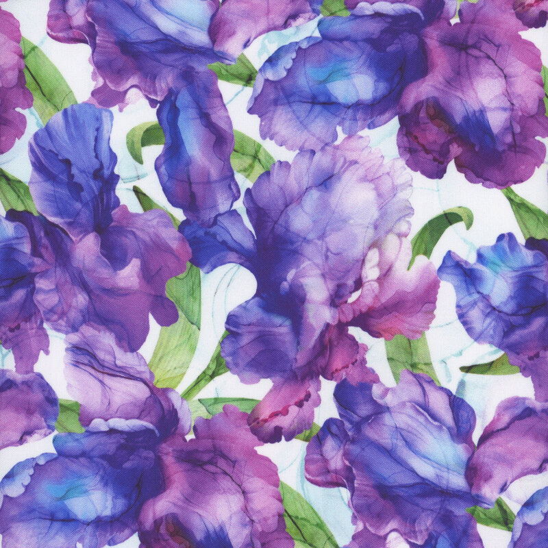 Purple watercolor iris flowers with green leaves on a white fabric.