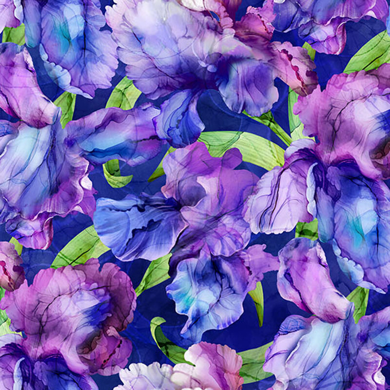 Purple watercolor iris flowers with green leaves on a purple fabric.