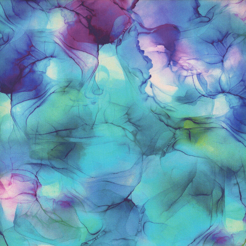 Watercolor aqua, aquamarine, and purple on a white fabric.
