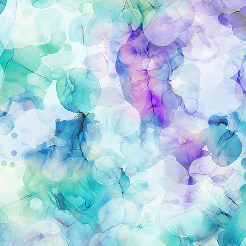 Purple and aqua watercolor on white fabric.