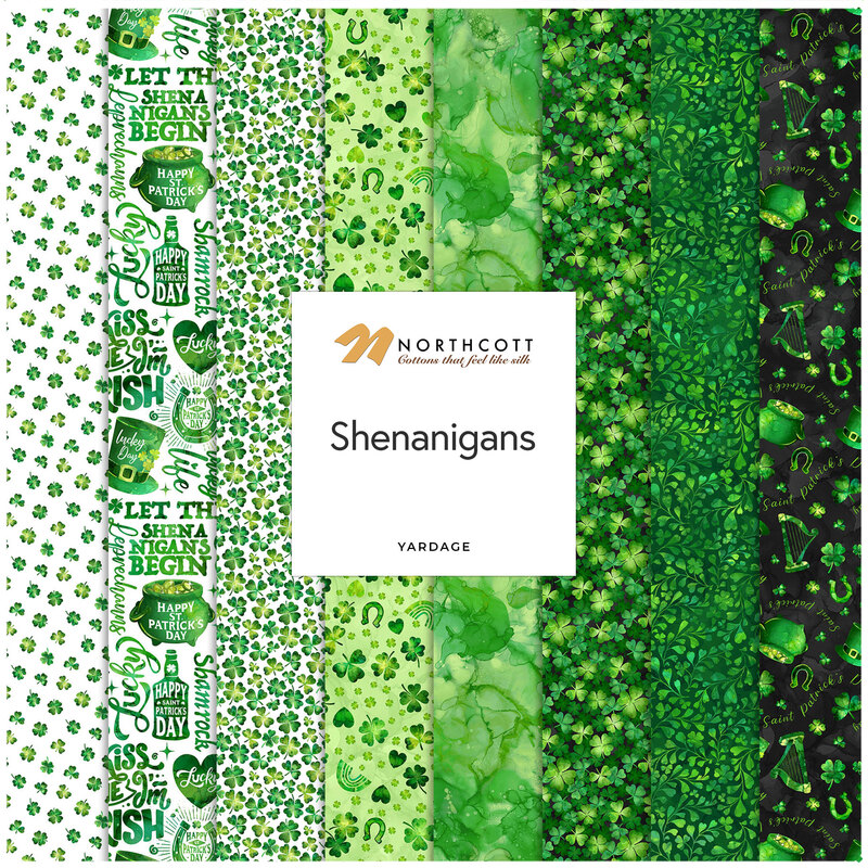 A collection of green fabric patterns themed around St. Patrick's Day, featuring shamrocks and text.