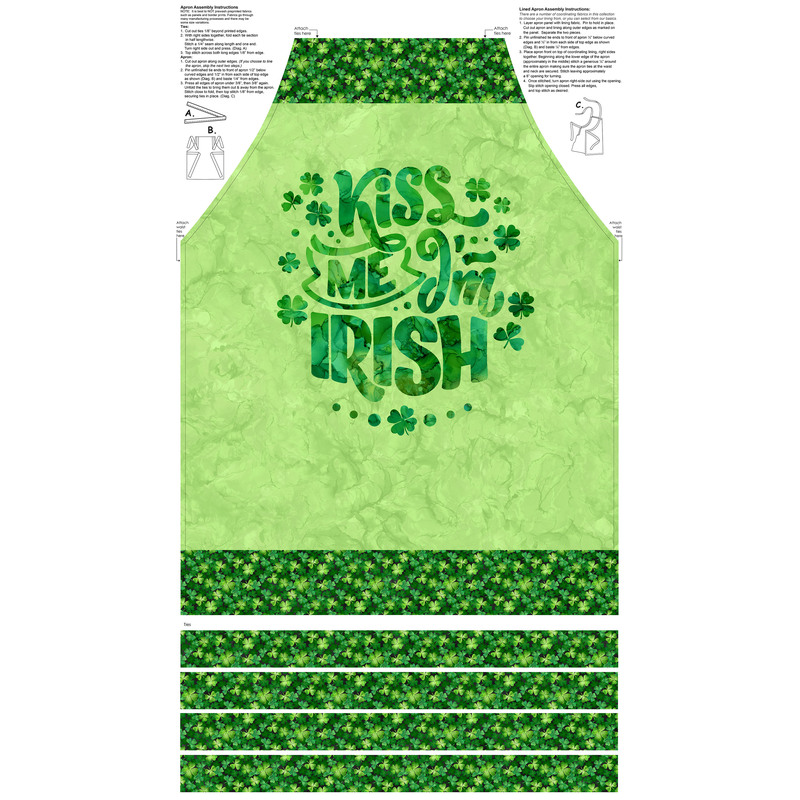 Green apron with Kiss Me, I'm Irish text and shamrock designs, featuring a patterned border.