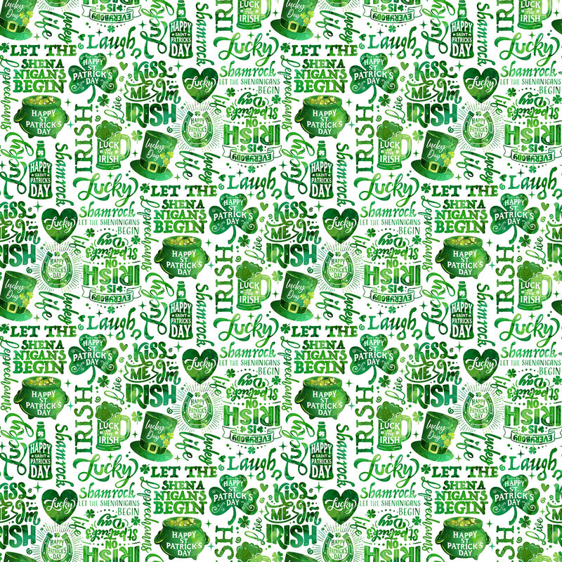 Pattern featuring text and symbols related to St. Patrick's Day, including shamrocks and festive phrases.