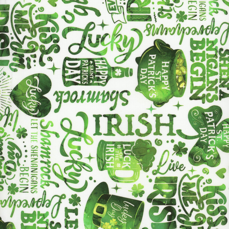 Pattern featuring text and symbols related to St. Patrick's Day, including shamrocks and festive phrases.