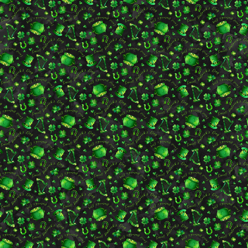 Pattern featuring various green shamrocks, turtles, and other symbols on a dark background.