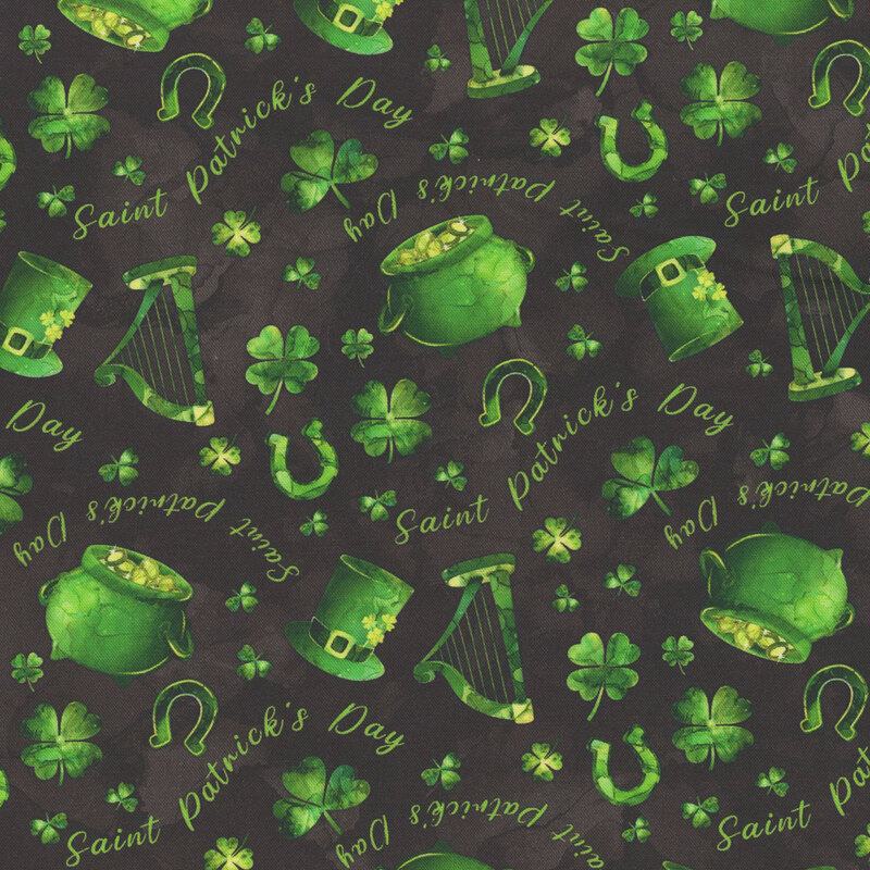Pattern featuring various green shamrocks and other symbols on a dark background.