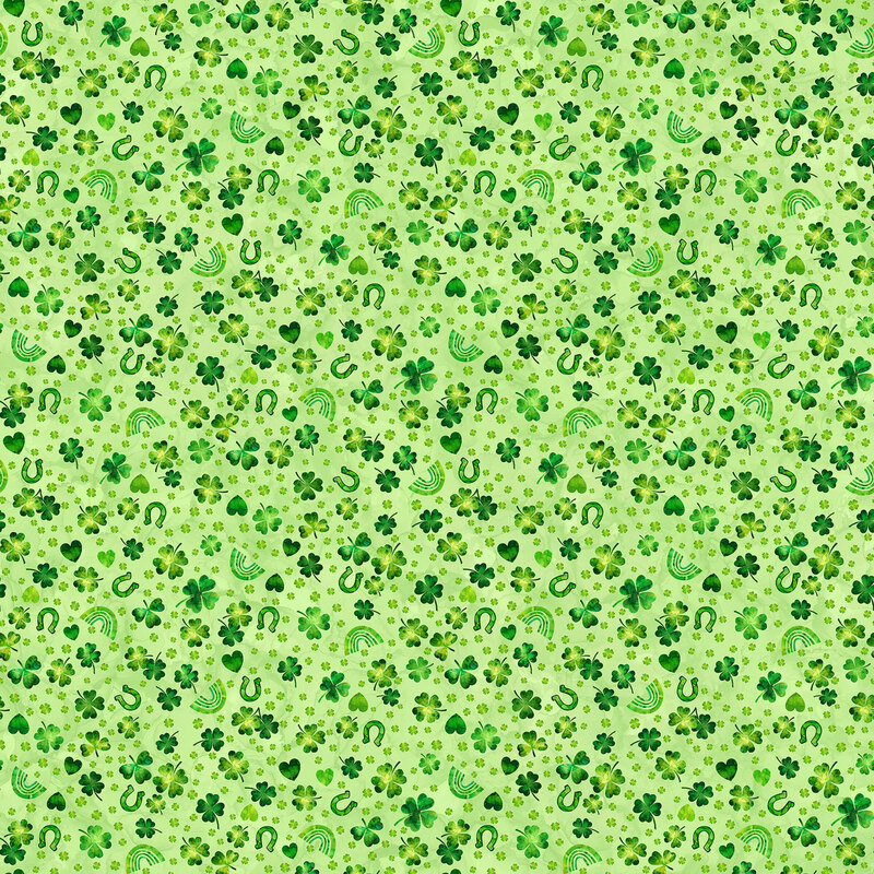 Pattern featuring various green shamrocks, horseshoes, and Celtic motifs on a light green background.