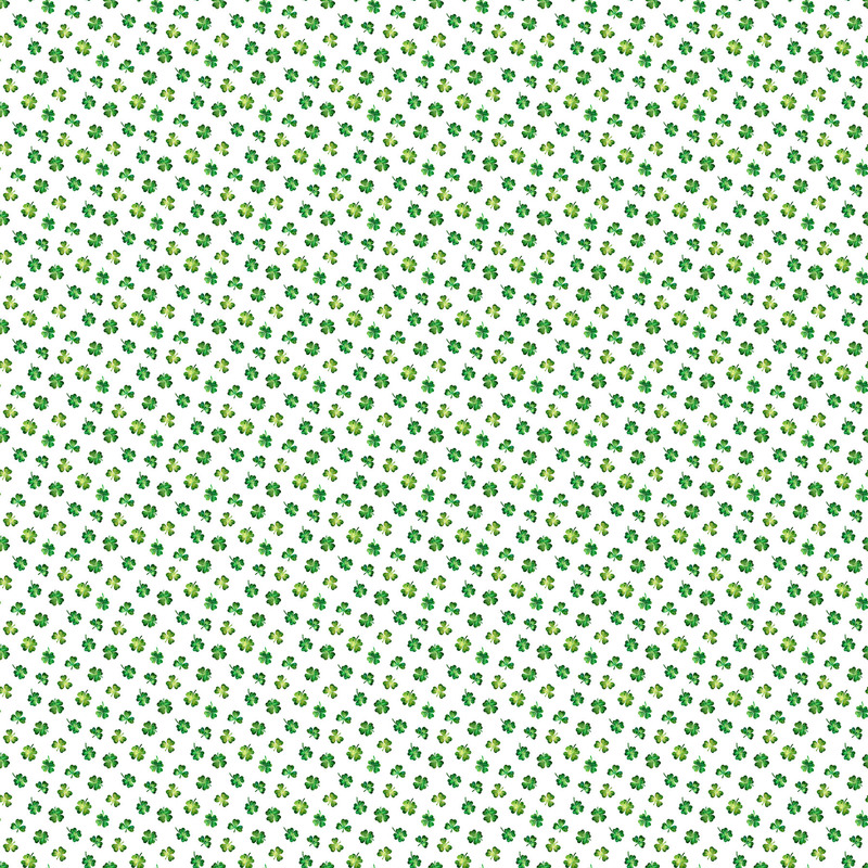 Seamless pattern of small green shamrocks on a white fabric.