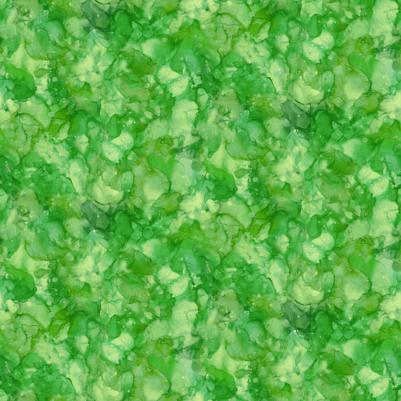 A fabric pattern of varying shades of green with abstract leafy shapes and soft, blended edges.
