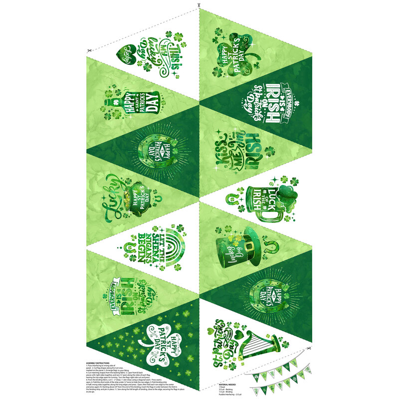 A pattern of green triangular banners featuring St. Patrick's Day phrases and symbols like shamrocks and hats.