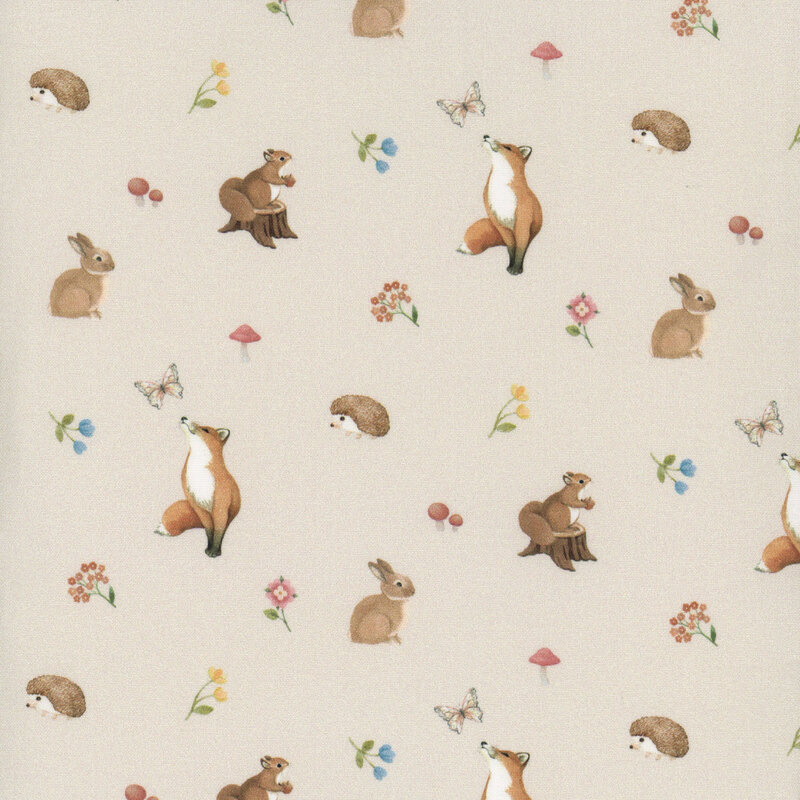 A light beige background featuring a pattern of animals including foxes, rabbits, and hedgehogs with flowers and mushrooms.