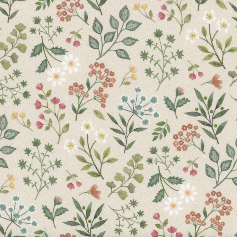 Cream fabric featuring various colorful flowers and green leaves.