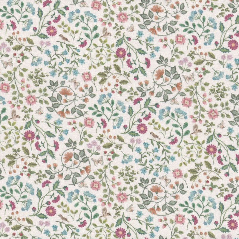 Cream fabric featuring a pattern of colorful floral vines
