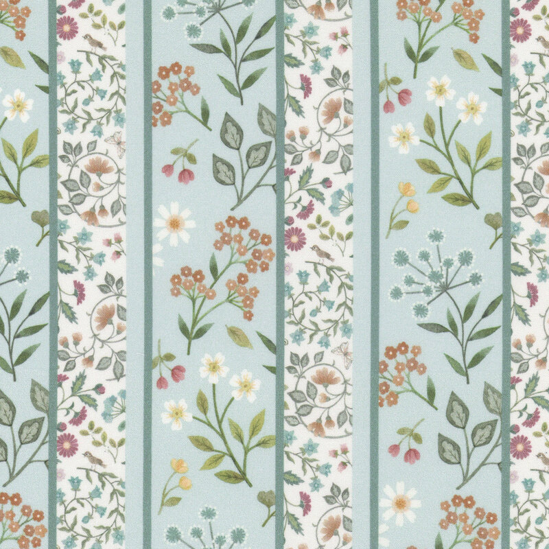 Cream and light blue striped fabric featuring various flowers