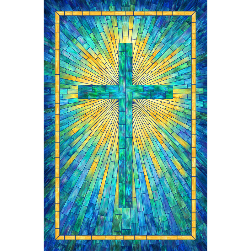Stained-glass style fabric panel featuring a religious cross in blue, green, and yellow.  