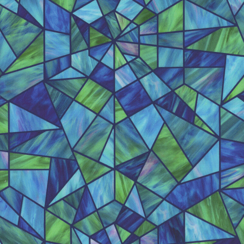 Stained-glass pattern featuring blue, green, and teal. 