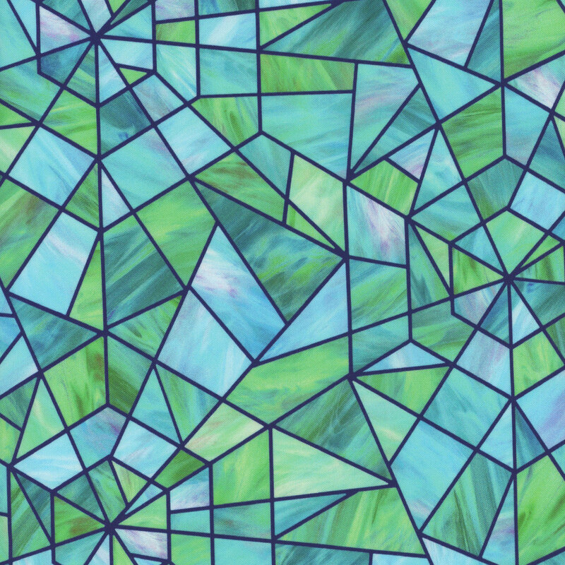 Stained-glass pattern featuring light blue, green, and teal. 